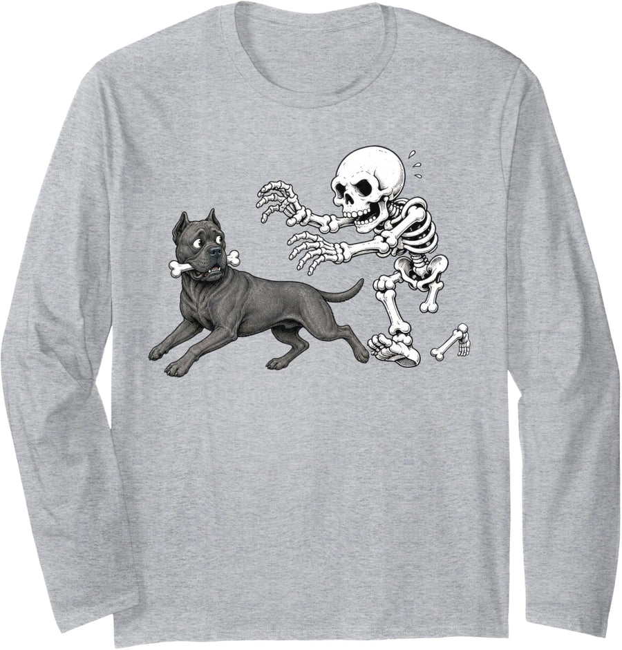 Cane Corso Skeleton Bone Chase Funny Halloween Dog Humor Long Sleeve T-Shirt - Adult Unisex Heather Grey