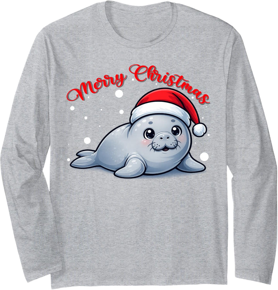 Merry Christmas Santa Hat Cute Manatee Ugly Xmas Sweaters Long Sleeve T-Shirt - Adult Unisex Heather Grey