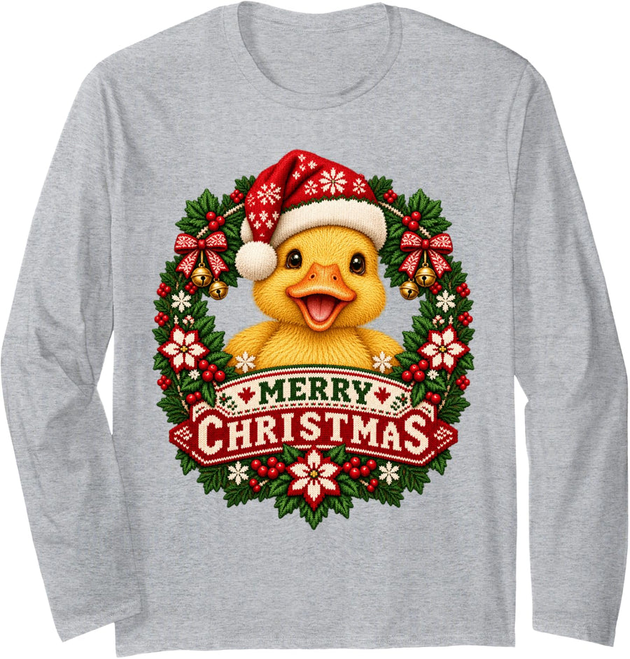 Merry Christmas Duck Happy Santa Hat Snowflake Long Sleeve T-Shirt - Adult Unisex Heather Grey