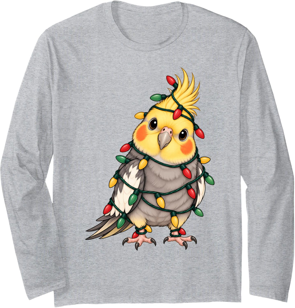 Cockatiel Christmas Lights Funny Xmas Holiday Bird Lovers Long Sleeve T-Shirt - Adult Unisex Heather Grey