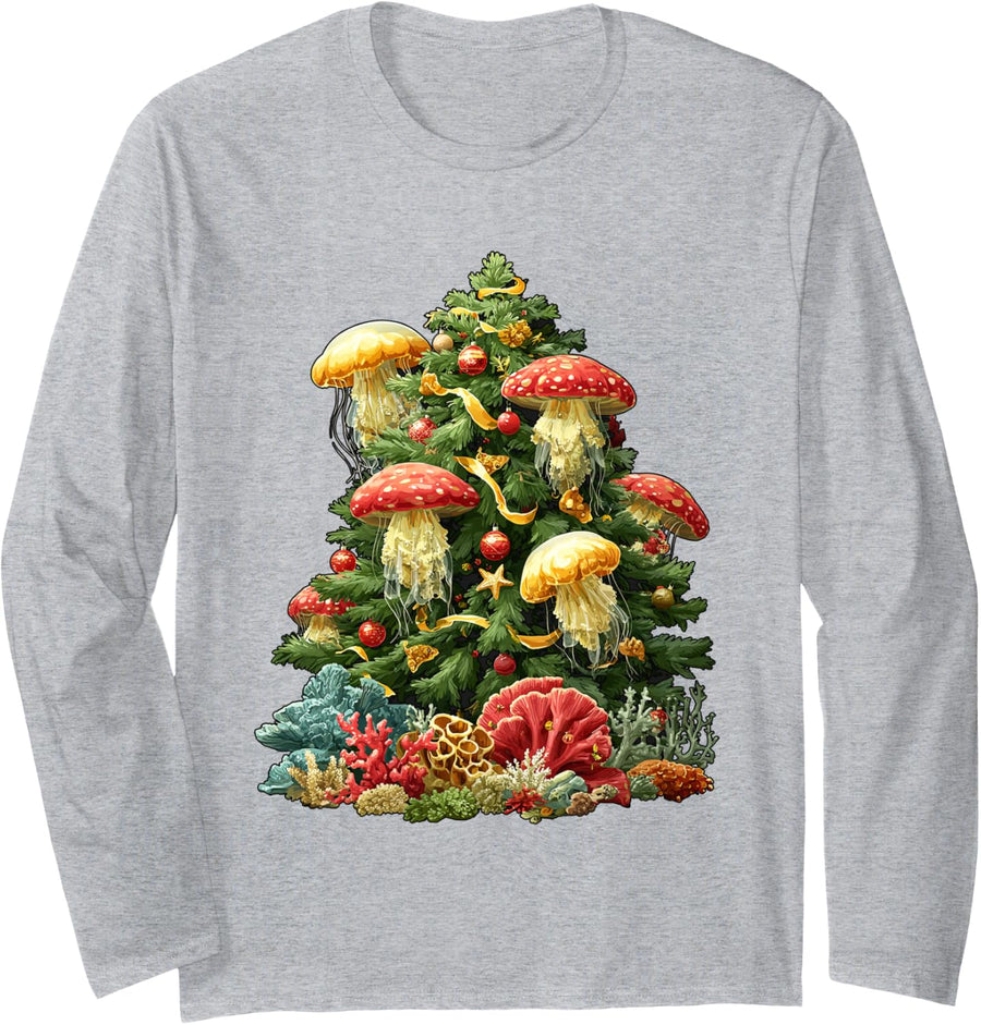 Surreal Christmas Tree with Jellyfishes and Mushrooms Xmas Long Sleeve T-Shirt - Adult Unisex Heather Grey