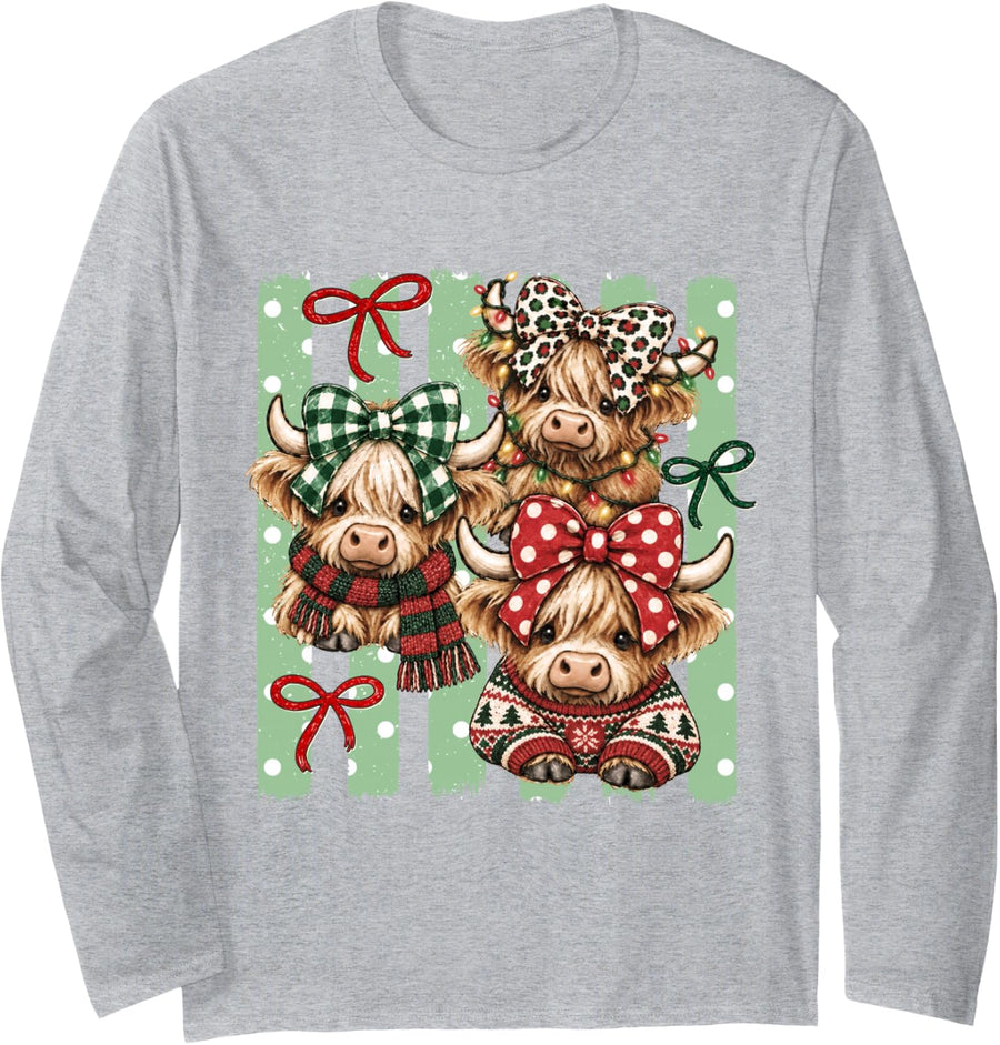 Striped Leopard Checkered Polka Dots Highland Cow Christmas Long Sleeve T-Shirt - Adult Unisex Heather Grey