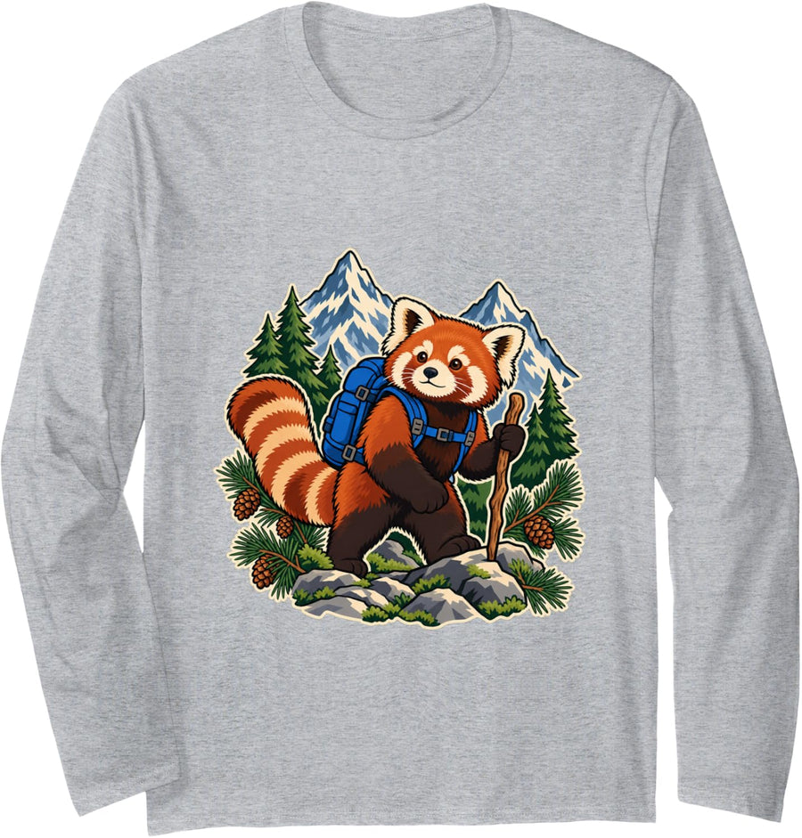 Red Panda Hiker Mountains Outdoor Animal Design Long Sleeve T-Shirt - Adult Unisex Heather Grey