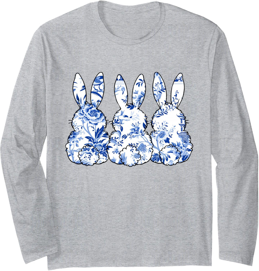 Chinoiserie Bunnies Blue and White Chinoiserie Florals women Long Sleeve T-Shirt - Adult Unisex Heather Grey