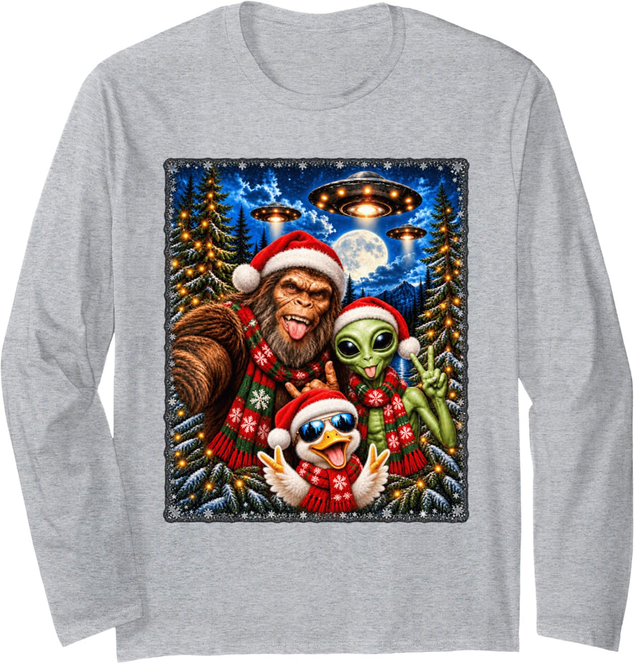 Funny Duck Bigfoot Alien Christmas Selfie UFO Santa Hat Long Sleeve T-Shirt - Adult Unisex Heather Grey