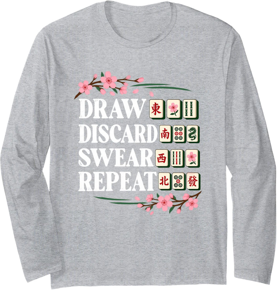Mahjong Draw Discard Swear Repeat Long Sleeve T-Shirt - Adult Unisex Heather Grey