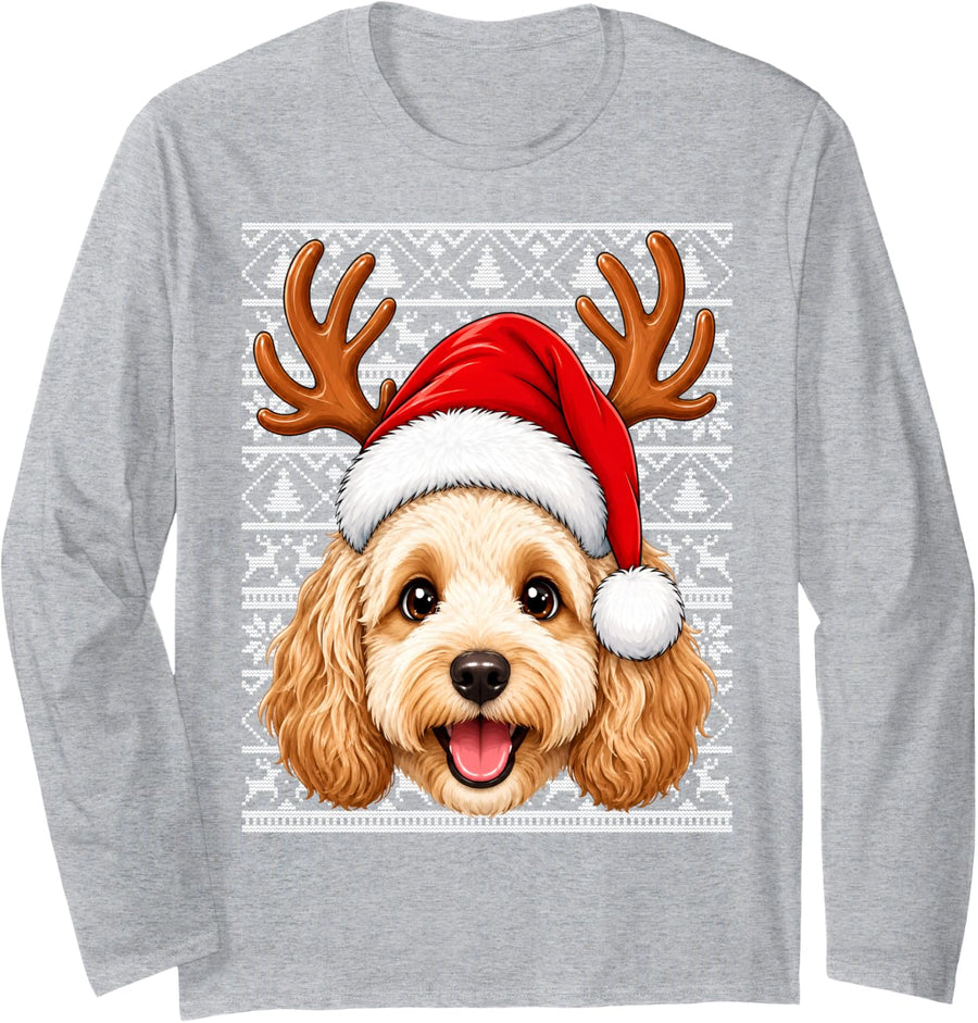Cockapoo Dog Christmas Santa Hat Ugly Sweater Cockapoo Xmas Long Sleeve T-Shirt - Adult Unisex Heather Grey