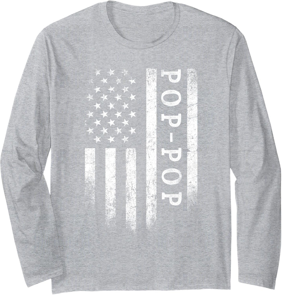 Pop-Pop American Flag Pop-Pop Gifts Patriotic Father's Day Long Sleeve T-Shirt - Adult Unisex Heather Grey