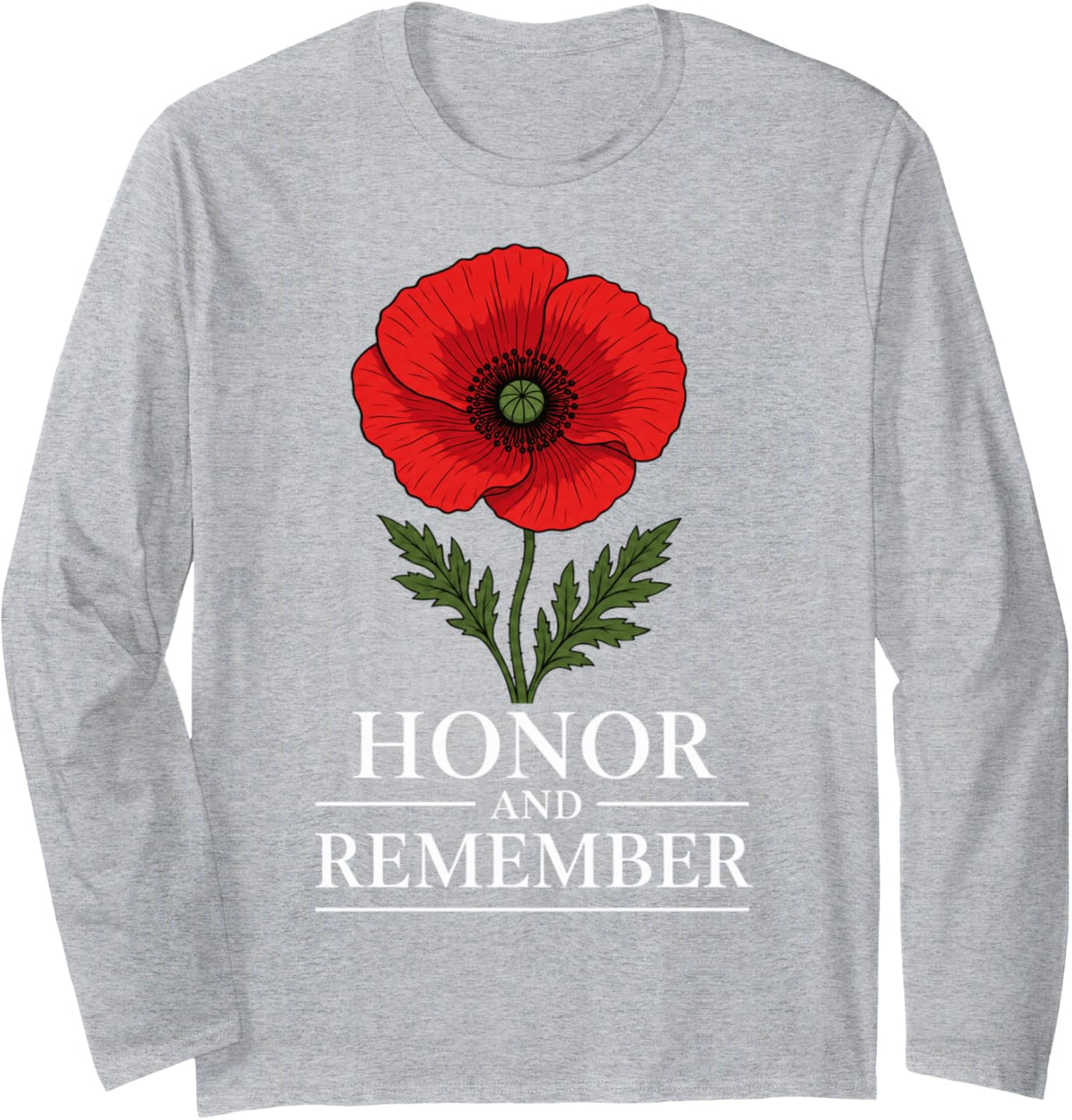 Honor Remember Memorial Day Vintage Poppy Flower Long Sleeve T-Shirt - Adult Unisex Heather Grey