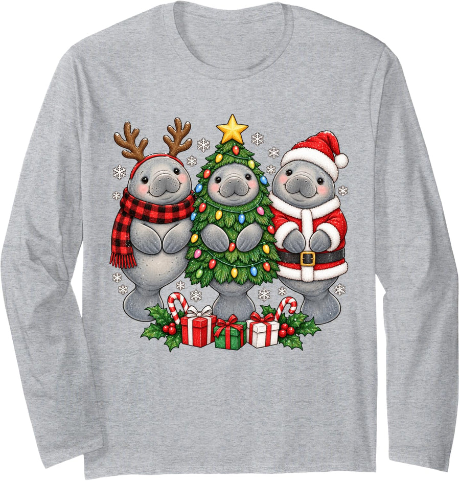 Manatee Sea Cow Christmas Lovers Kids Toddler Boys Cute Xmas Long Sleeve T-Shirt - Adult Unisex Heather Grey