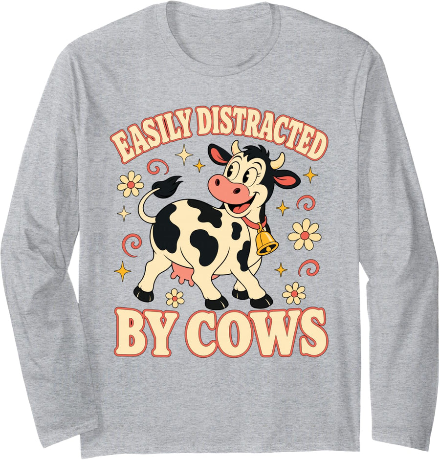 Easily Distracted by Cows Cow Lover Farm Long Sleeve T-Shirt - Adult Unisex Heather Grey
