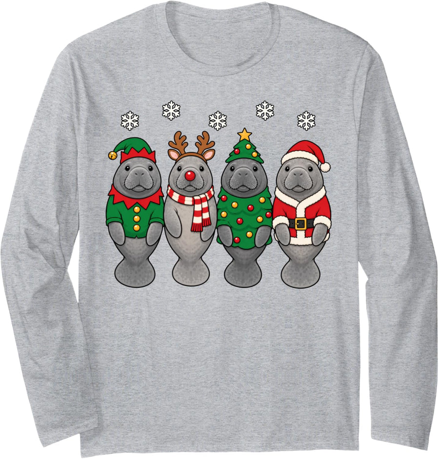 Manatee Christmas Reindeer Santa Long Sleeve T-Shirt - Adult Unisex Heather Grey