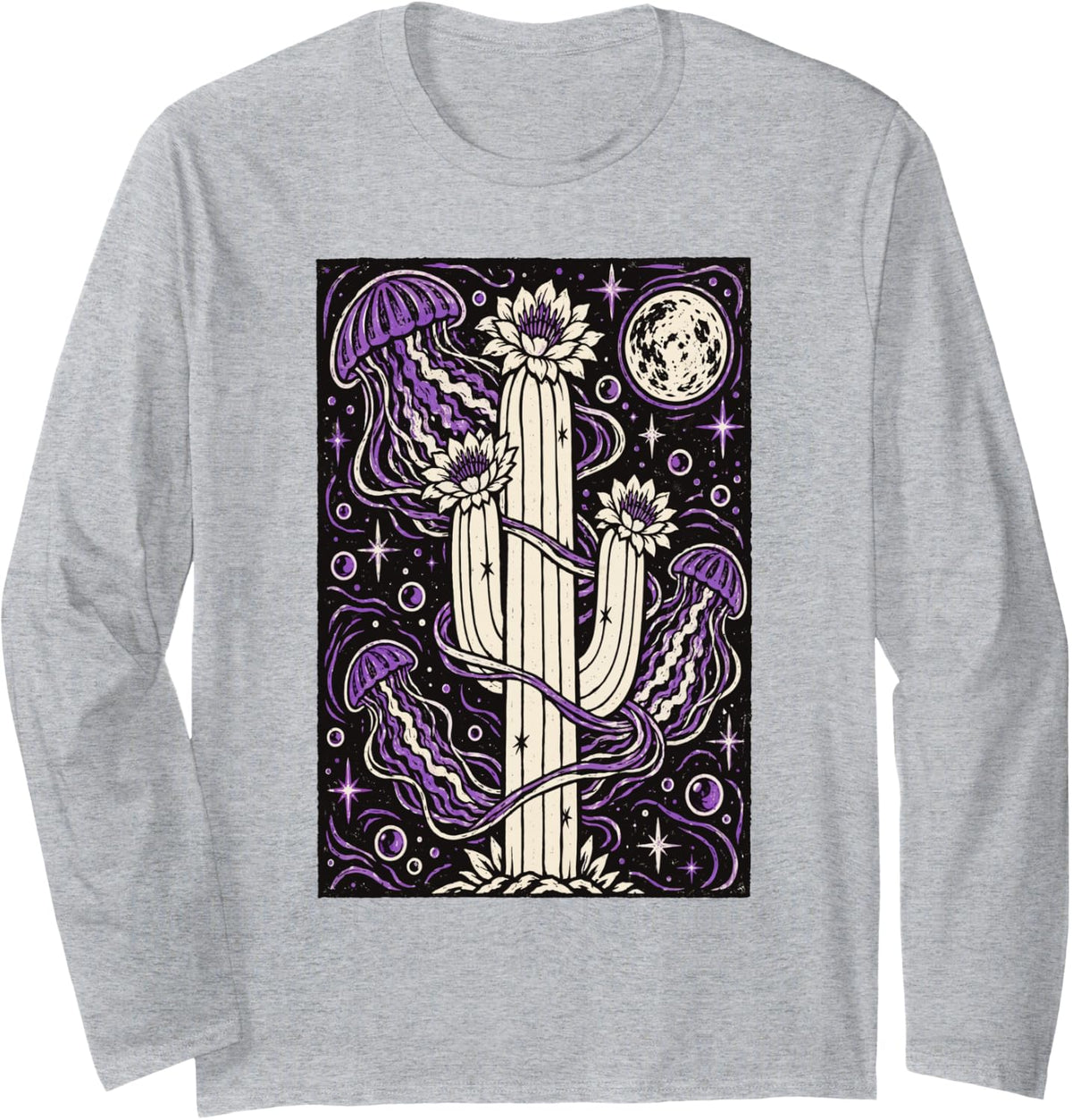 Cosmic Cactus Jellyfish Lotus Long Sleeve T-Shirt - Adult Unisex Heather Grey