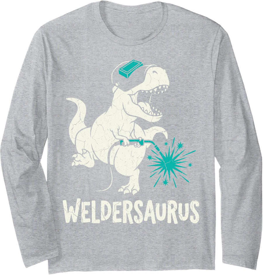 Weldersaurus Dinosaur T-rex Welder Welding Metalworker Tee Long Sleeve T-Shirt - Adult Unisex Heather Grey
