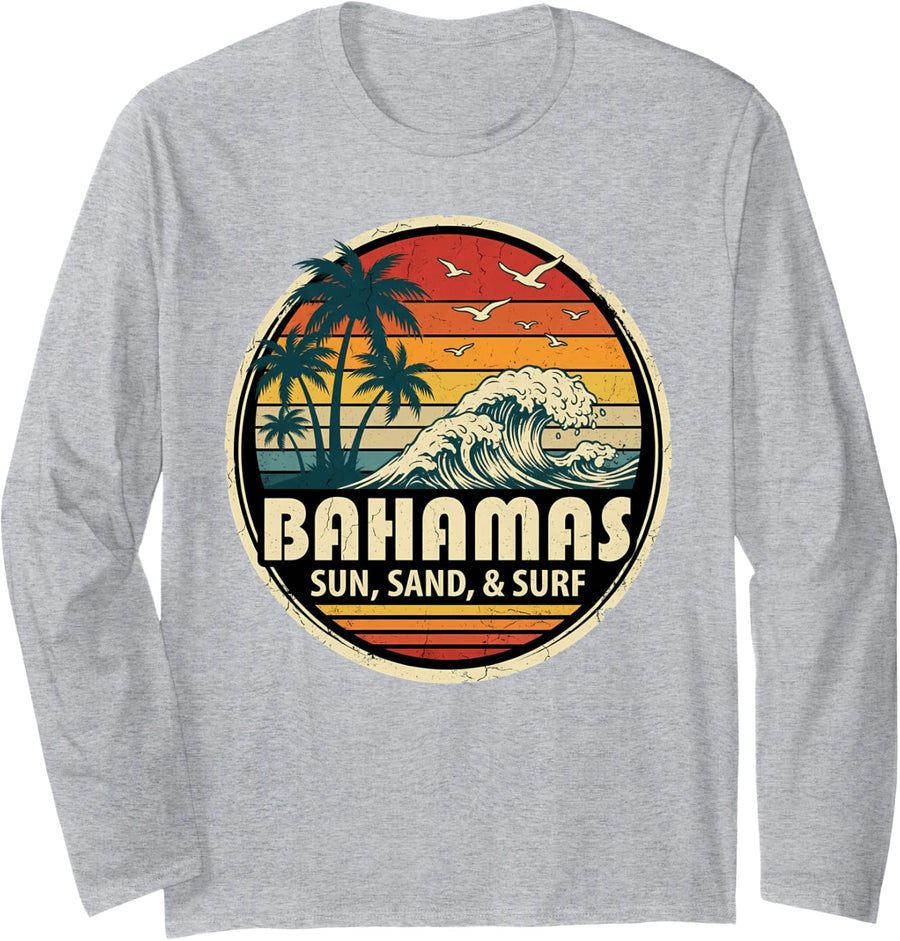 Bahamas Sun Sand surf Beach Tropical Vintage Long Sleeve T-Shirt - Adult Unisex Heather Grey