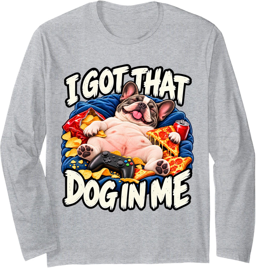 I Got that Dog in Me French Bulldog Gamer Long Sleeve T-Shirt - Adult Unisex Heather Grey