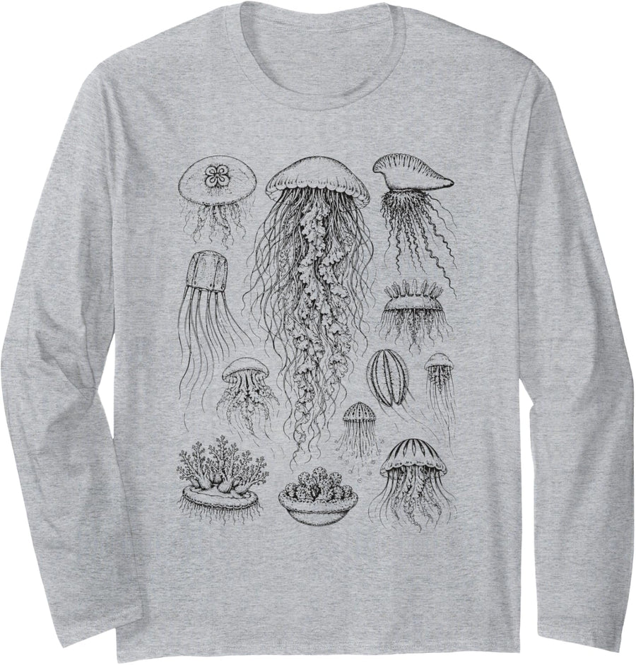 Jellyfish Specimen Chart Ocean Lover Sea Life Science Gift Long Sleeve T-Shirt - Adult Unisex Heather Grey