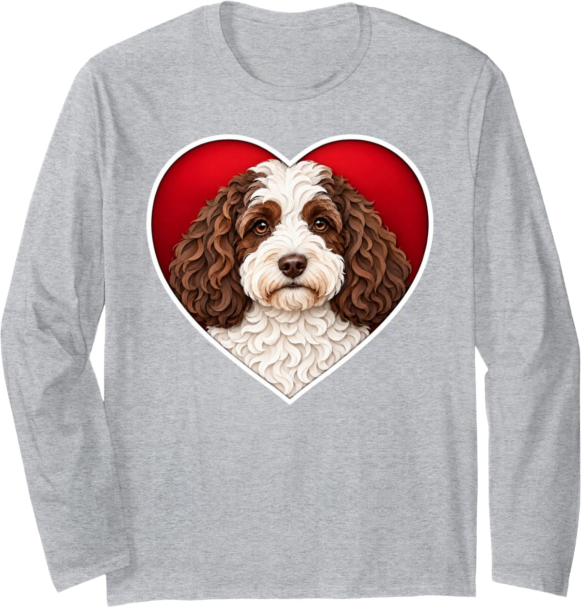Brown and White Cockapoo Heart Long Sleeve T-Shirt - Adult Unisex Heather Grey