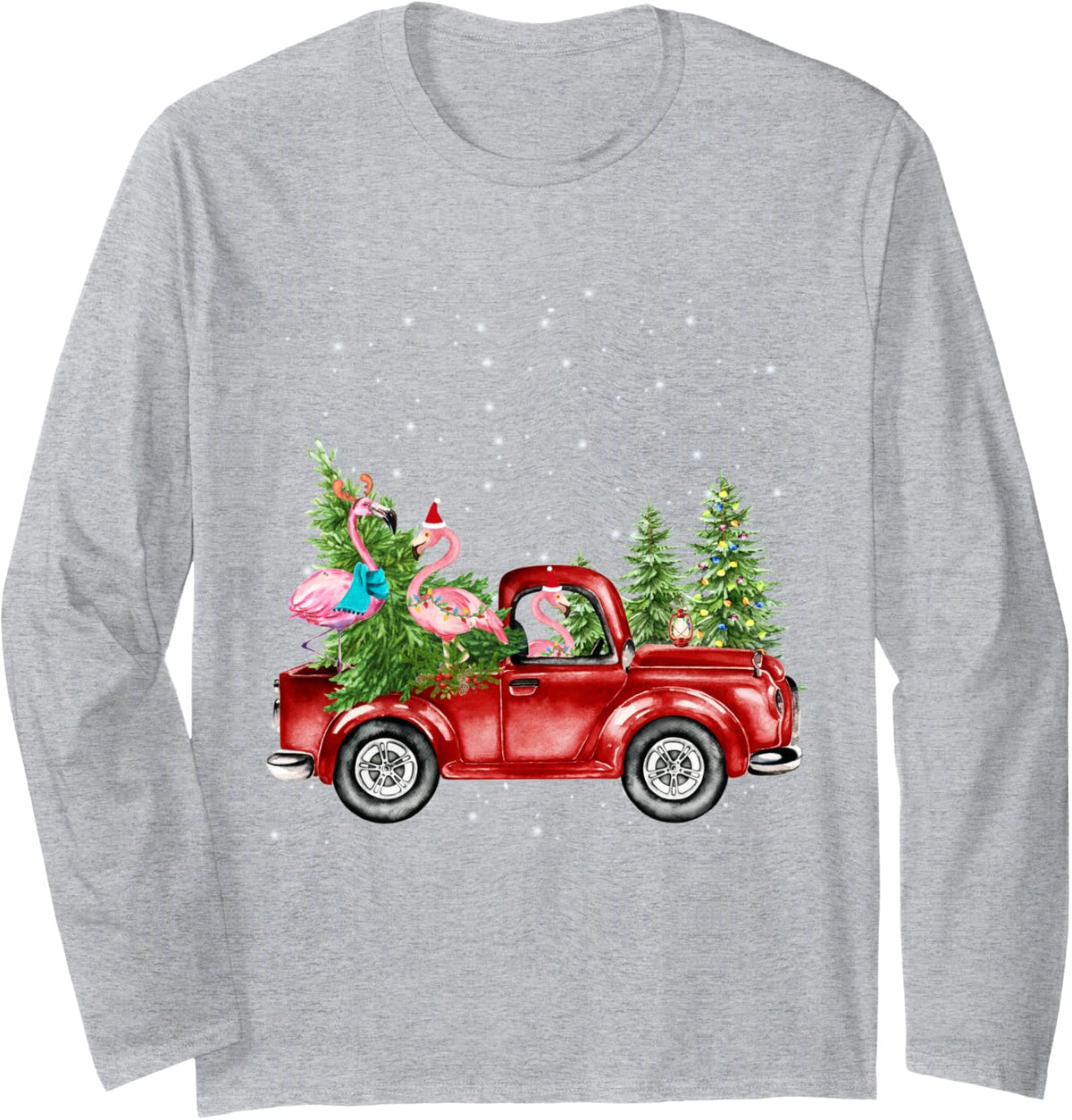 Christmas Three Flamingo Ride Red Truck Xmas Santa Hat Long Sleeve T-Shirt - Adult Unisex Heather Grey
