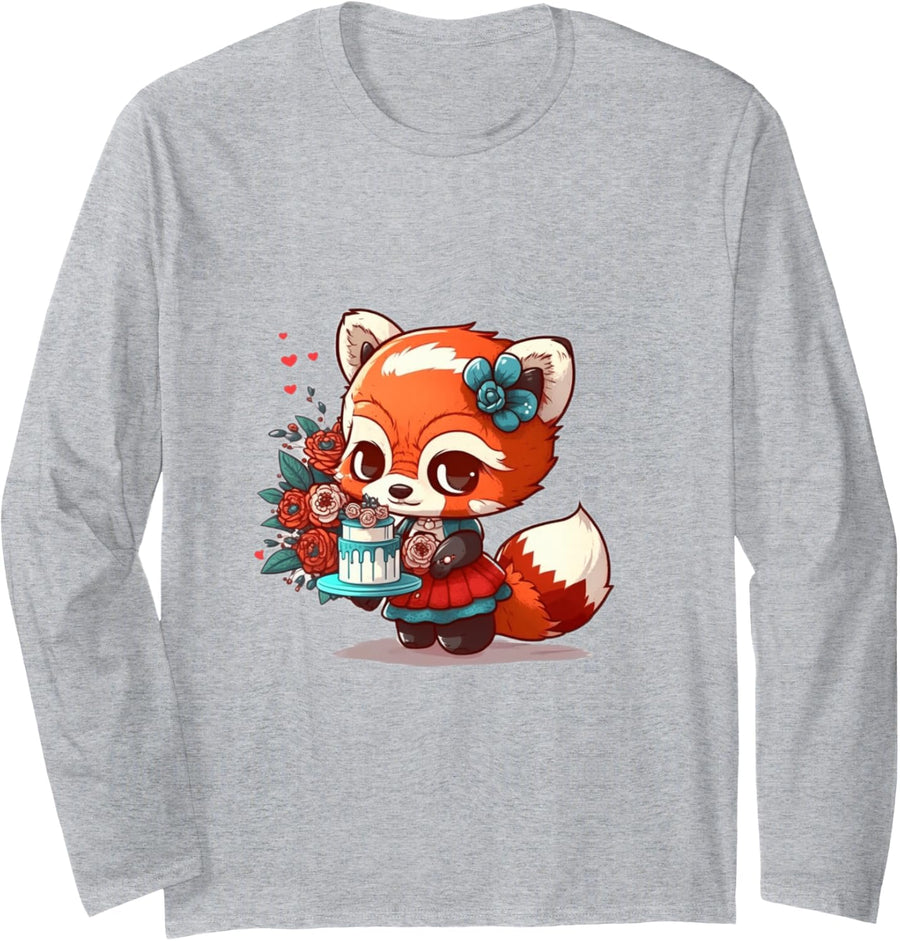Cute red Panda Chibi in a Dress Long Sleeve T-Shirt - Adult Unisex Heather Grey