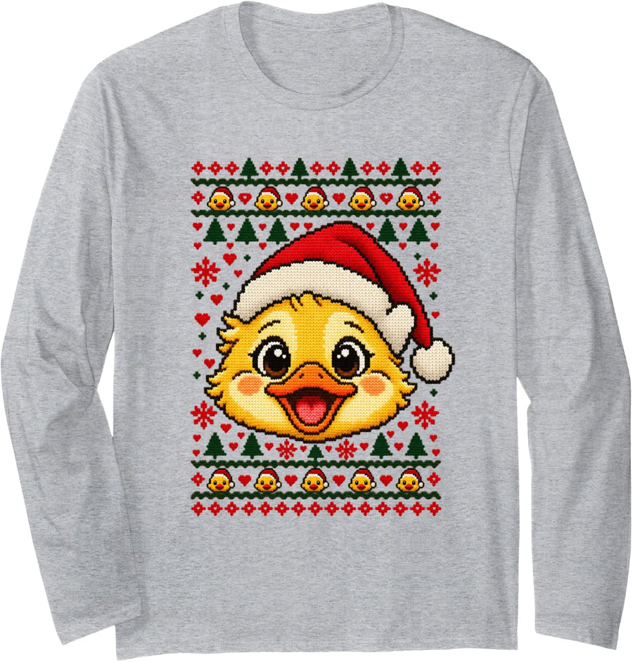 Happy Duck Christmas Santa Hat Sweater Men Women Long Sleeve T-Shirt - Adult Unisex Heather Grey
