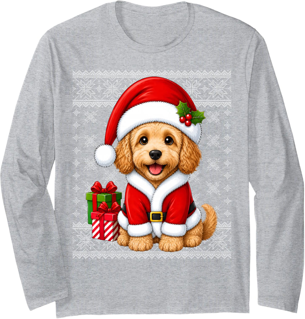 Cockapoo Dog in Christmas Santa Costume Ugly Sweaters Xmas Long Sleeve T-Shirt - Adult Unisex Heather Grey