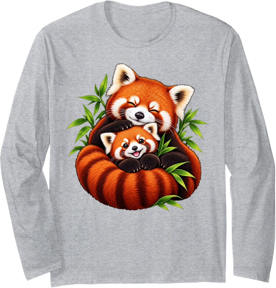 Red Panda Mother Hugging Cub in Bamboo Forest Animal Art Long Sleeve T-Shirt - Adult Unisex Heather Grey