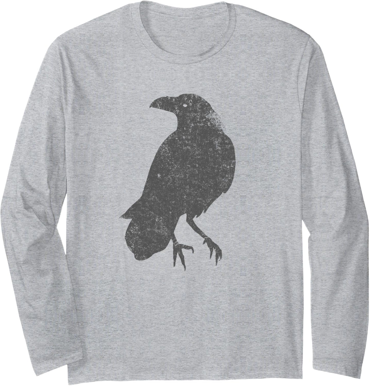 Crow Raven Blackbird Vintage Gothic Bird Silhouette Long Sleeve T-Shirt - Adult Unisex Heather Grey