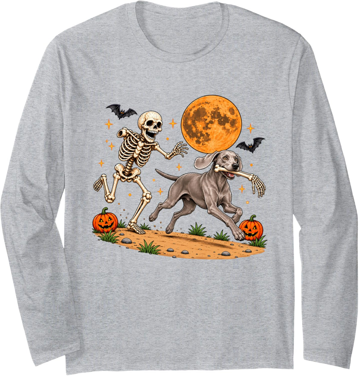 Funny Skeleton Chasing Weimaraner Halloween Dog Mom Pet Long Sleeve T-Shirt - Adult Unisex Heather Grey
