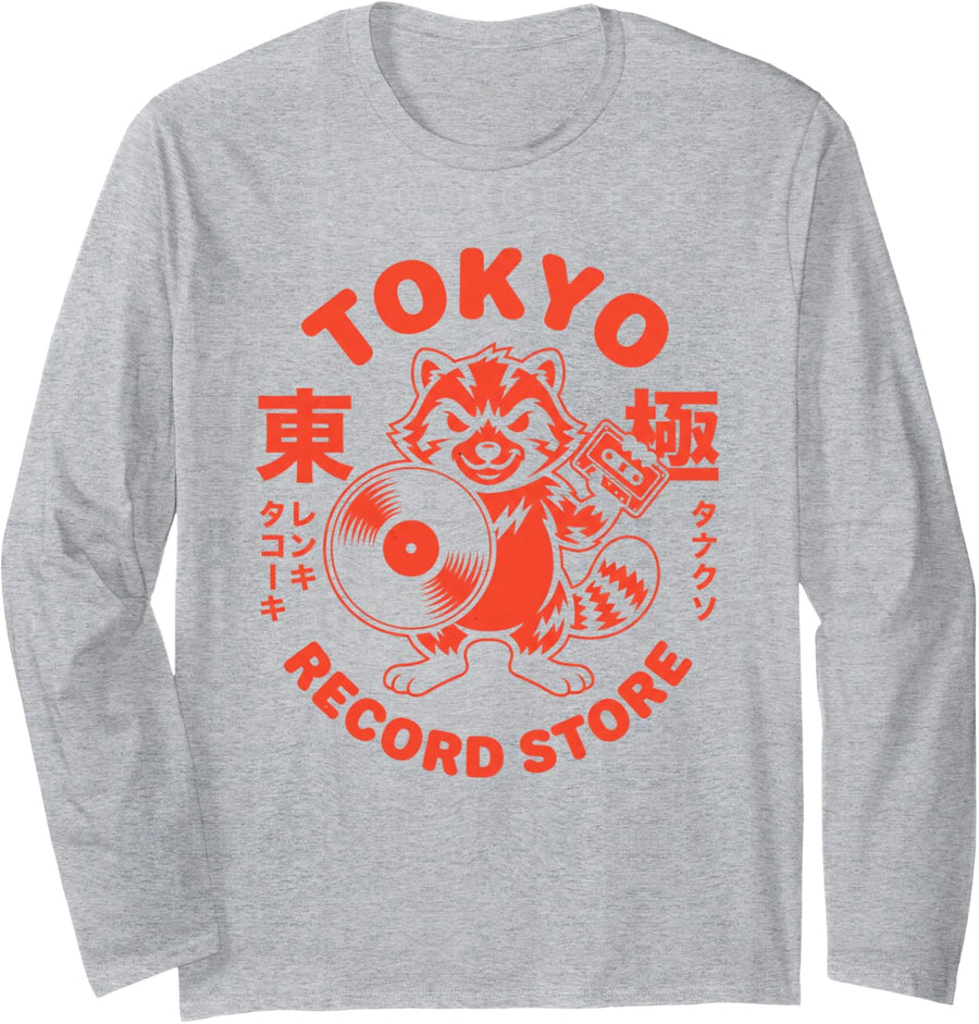 Tokyo Record Store Tshirt Red Panda Japanese Streetwear Long Sleeve T-Shirt - Adult Unisex Heather Grey