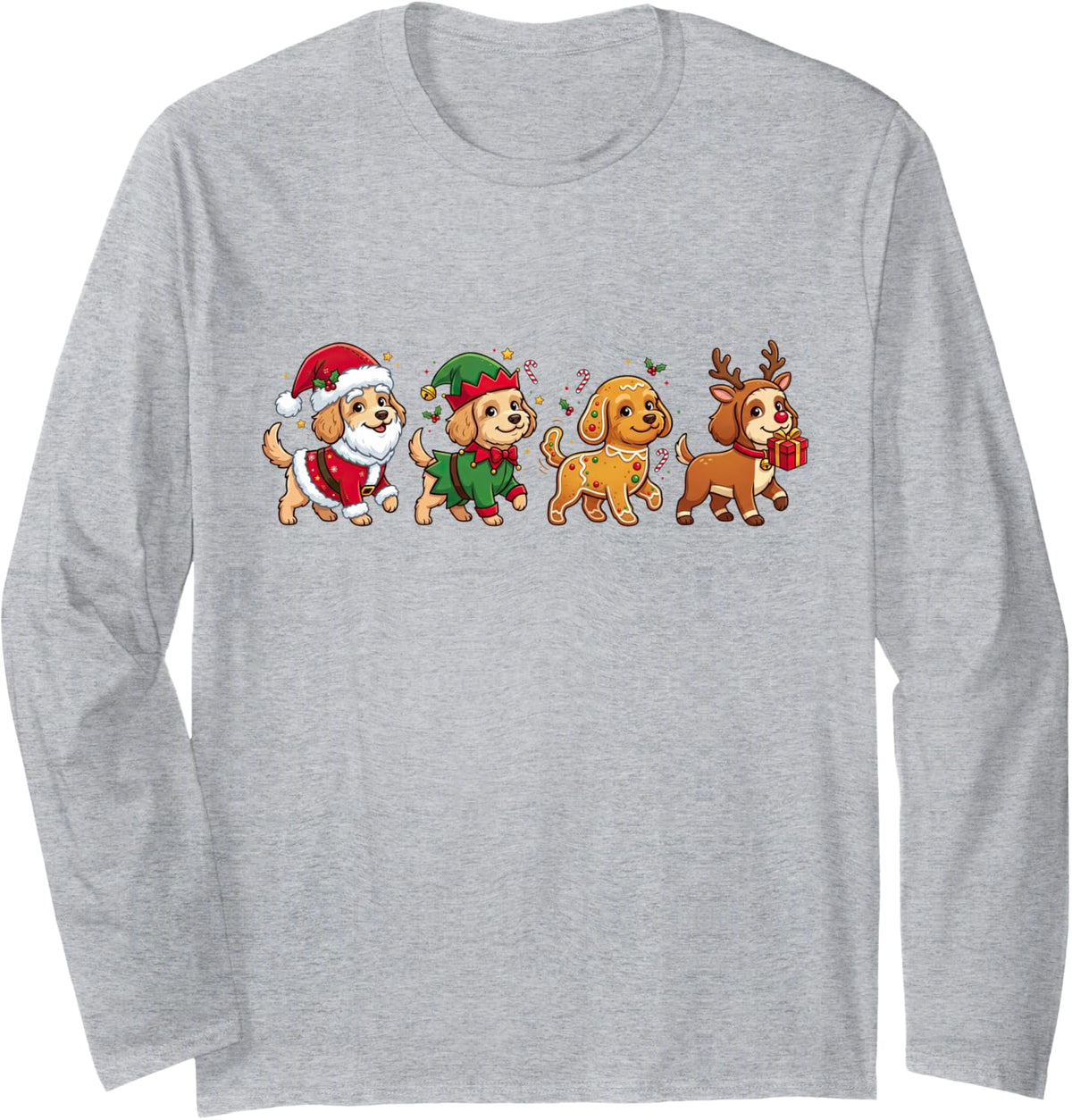 Christmas Cockapoo Santa Elf Gingerbread Womens Mens Kids Long Sleeve T-Shirt - Adult Unisex Heather Grey