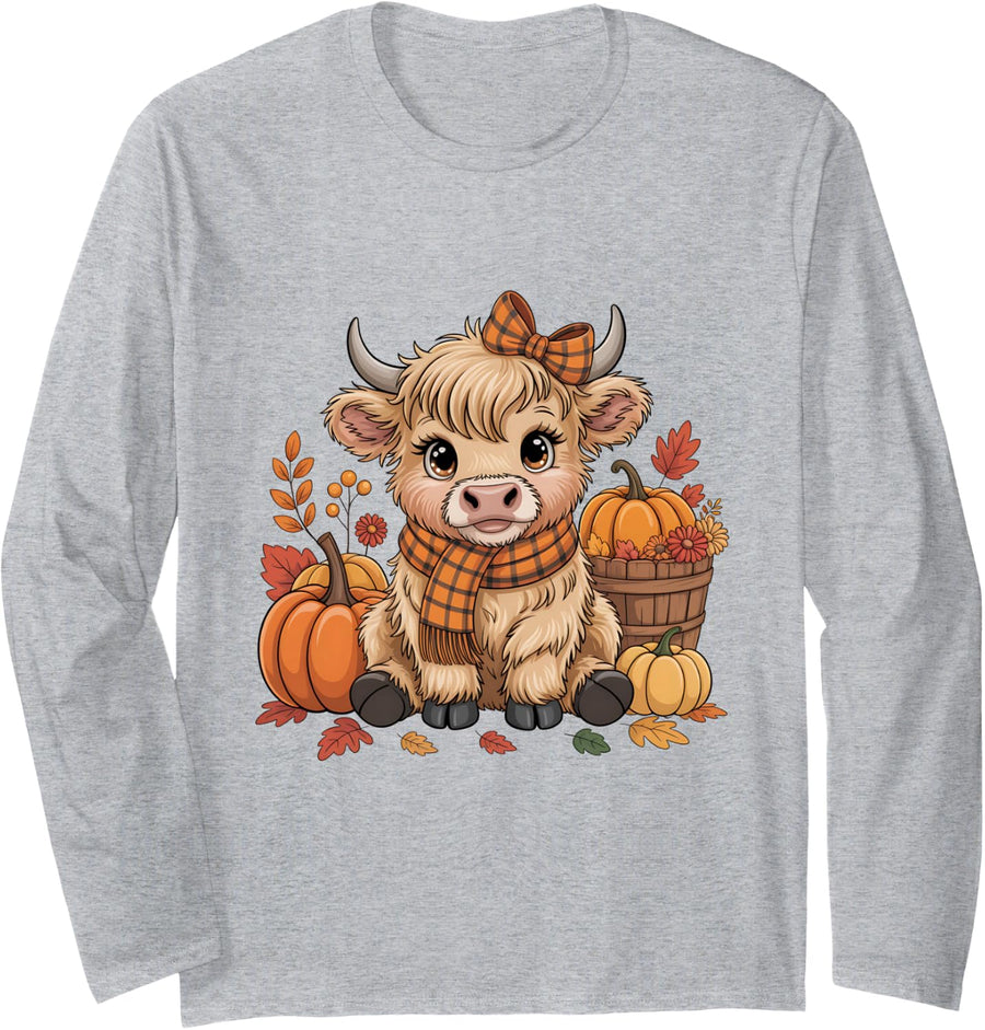 Rustic Farmhouse Highland Cow Pumpkin Fall Thanksgiving Long Sleeve T-Shirt - Adult Unisex Heather Grey