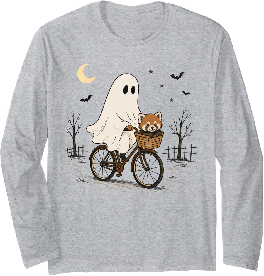 Red Panda Ghost Bicycle Halloween Night Ride Long Sleeve T-Shirt - Adult Unisex Heather Grey