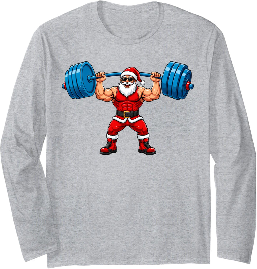 Cool Muscular Santa Weightlifting Gym Workout Christmas Long Sleeve T-Shirt - Adult Unisex Heather Grey