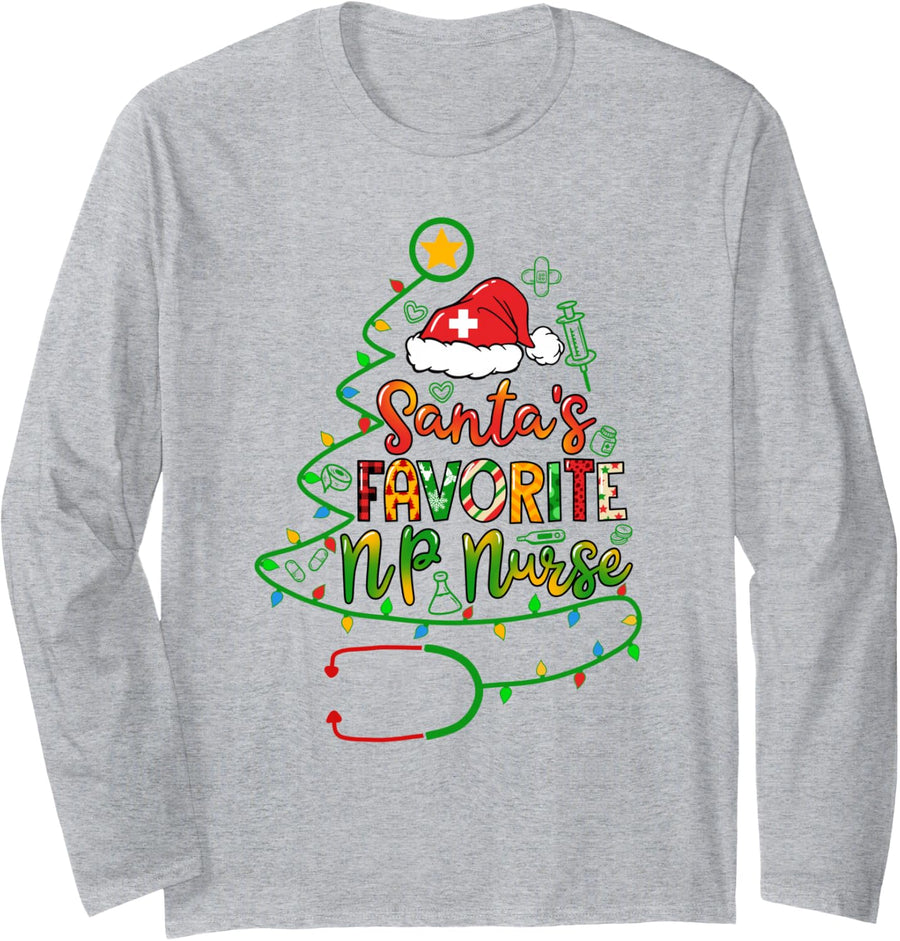 Santa's Favorite NP Nurse Nurse Practitioner Christmas Long Sleeve T-Shirt - Adult Unisex Heather Grey