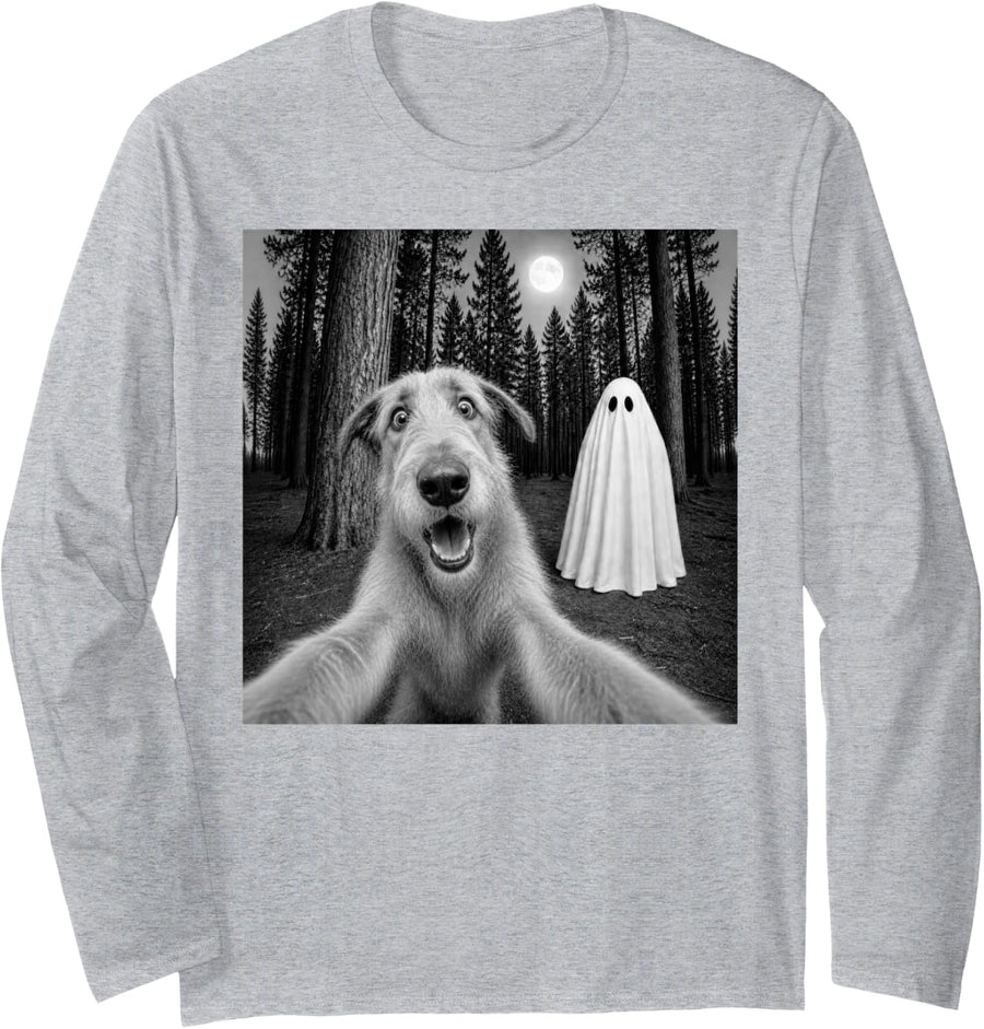 Spooky Irish Wolfhound Selfie with Ghost Halloween Dog Long Sleeve T-Shirt - Adult Unisex Heather Grey
