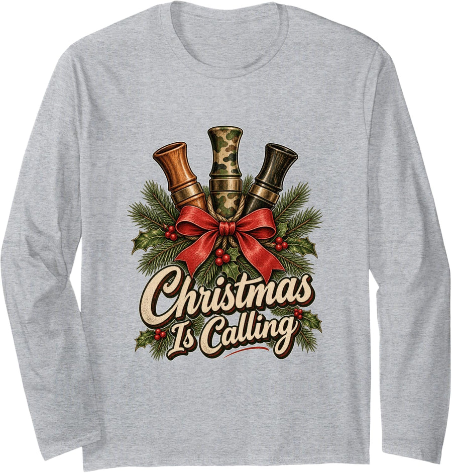 Duck Calls Red Bow Pine Holly is Calling Hunting Christmas Long Sleeve T-Shirt - Adult Unisex Heather Grey