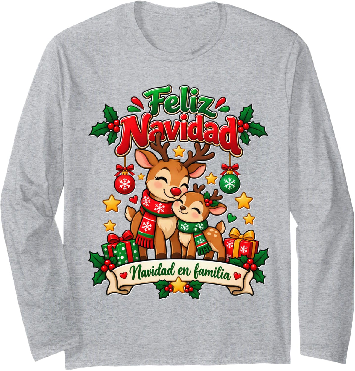 Feliz Navidad Spanish Christmas Cute Reindeer Family Long Sleeve T-Shirt - Adult Unisex Heather Grey