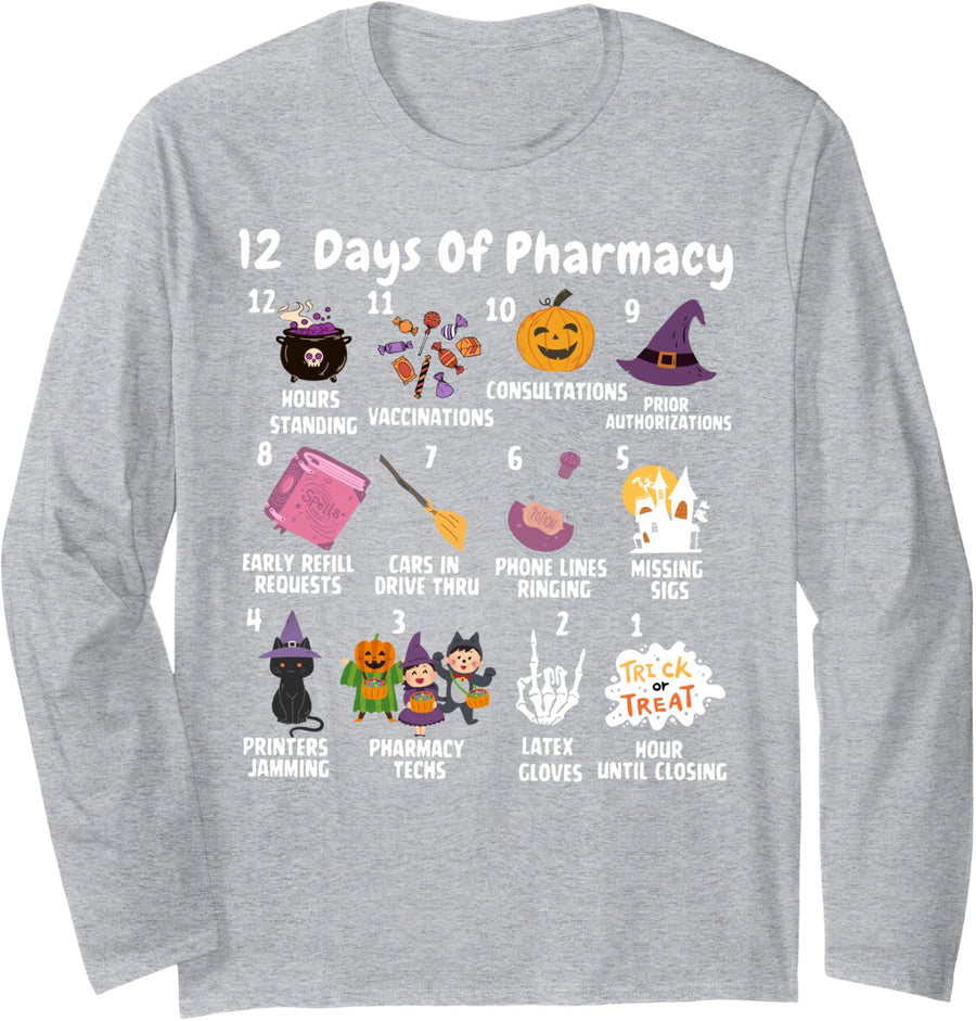 12 Days of Pharmacy Halloween Pharmacists Tech Spooky Season Long Sleeve T-Shirt - Adult Unisex Heather Grey