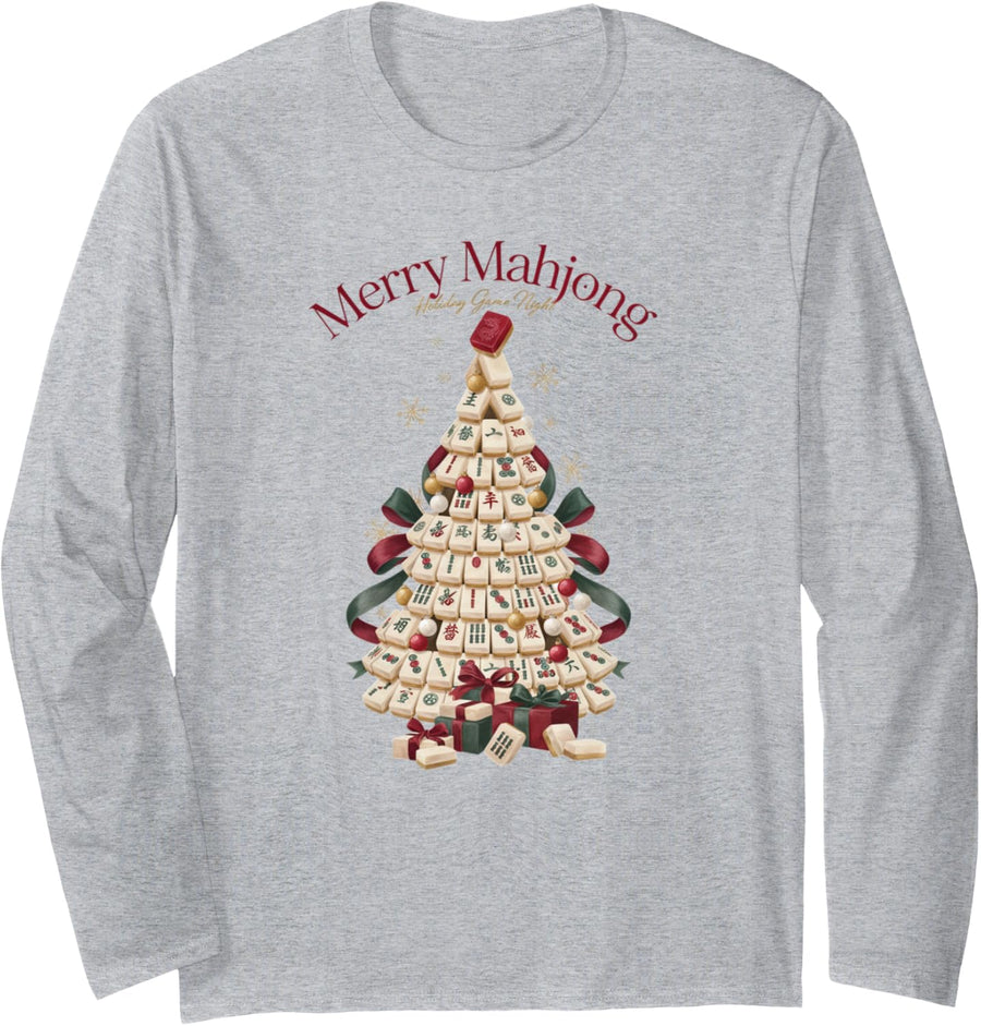 Merry Mahjong Christmas Tree Design for Game Night Long Sleeve T-Shirt - Adult Unisex Heather Grey