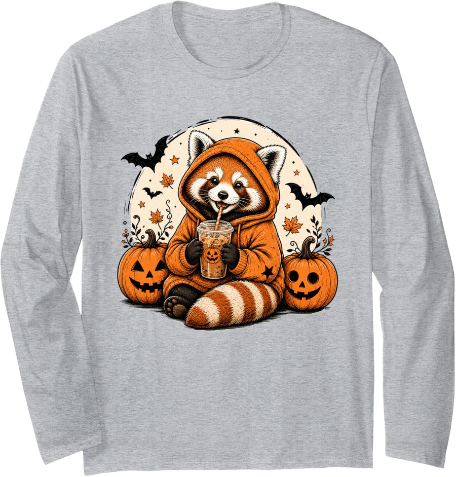 Red Panda Ghost Spooky Halloween Vintage Long Sleeve T-Shirt - Adult Unisex Heather Grey
