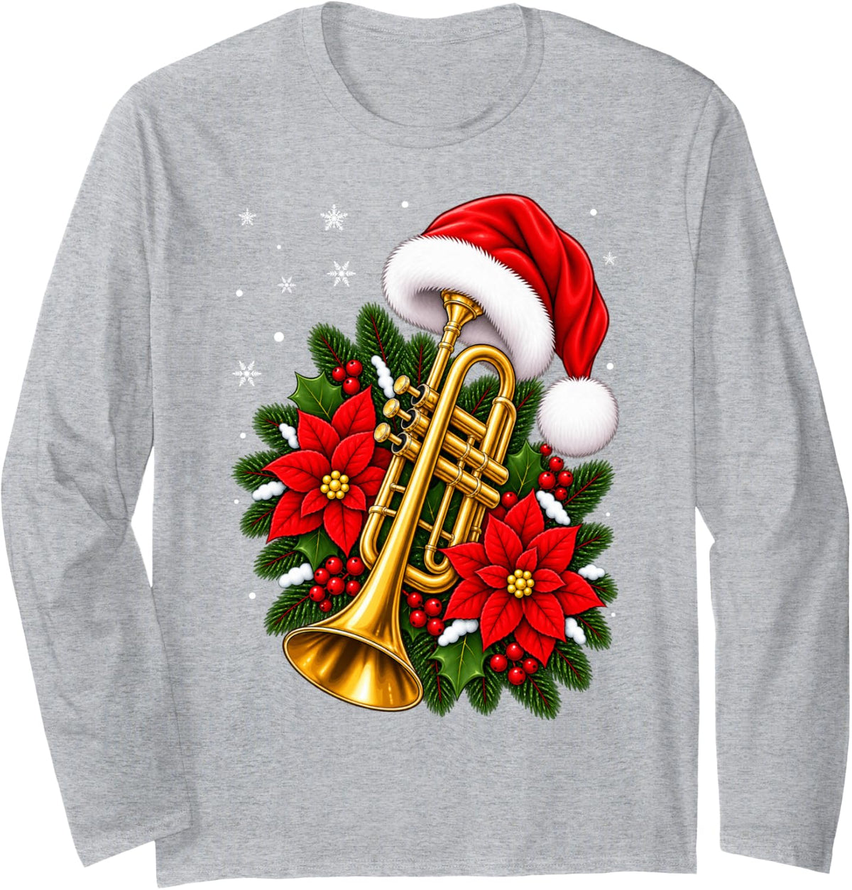 Music Lover Floral Santa Hat Musical Trumpet Christmas Long Sleeve T-Shirt - Adult Unisex Heather Grey