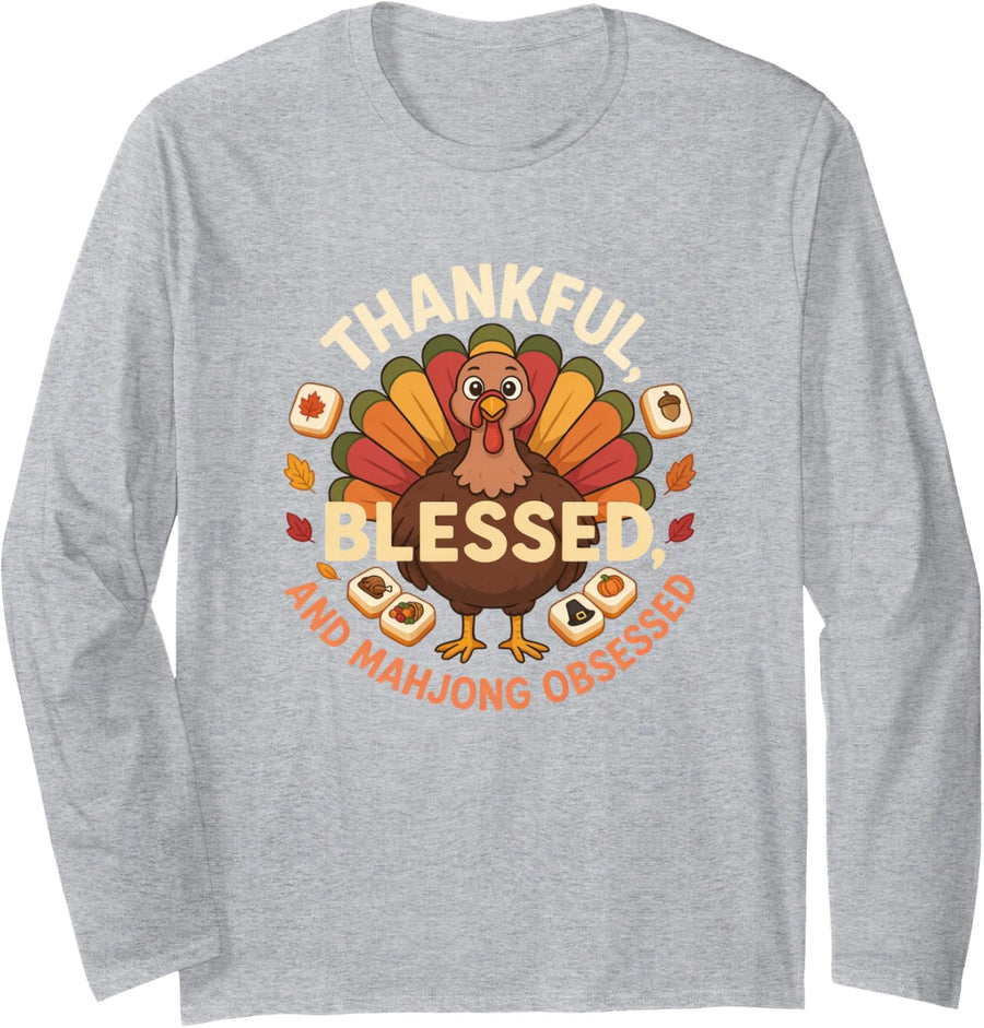 Thanksgiving Mahjong for Women Mahjong Obsessed Cute Long Sleeve T-Shirt - Adult Unisex Heather Grey