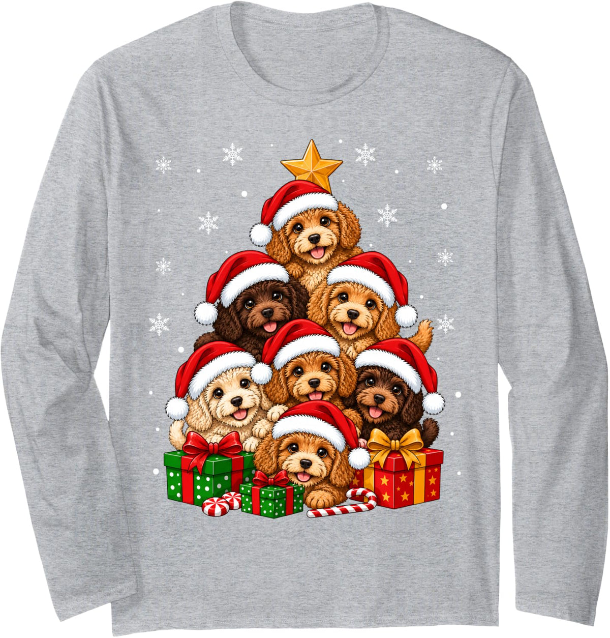 Cockapoo Dog Christmas Tree Cute Festive Santa Pet Xmas Long Sleeve T-Shirt - Adult Unisex Heather Grey