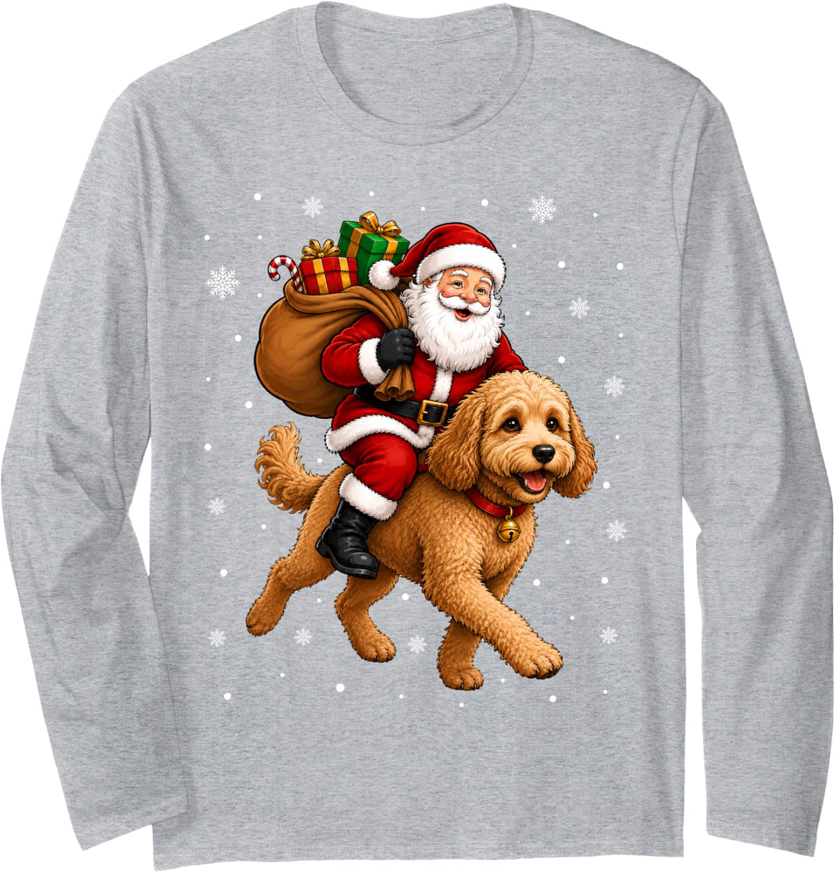 Festive Holiday Funny Santa Riding Cockapoo Dog Christmas Long Sleeve T-Shirt - Adult Unisex Heather Grey