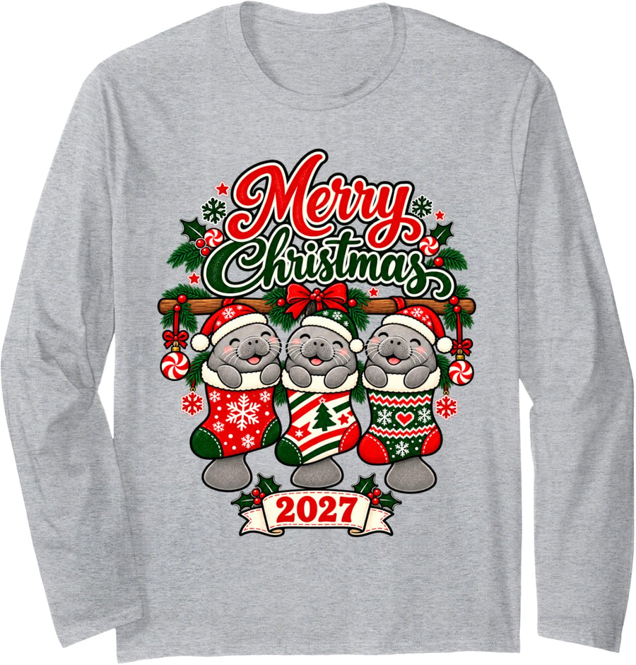 Merry Christmas 2027 Happy Manatee in Stockings Men Women Long Sleeve T-Shirt - Adult Unisex Heather Grey