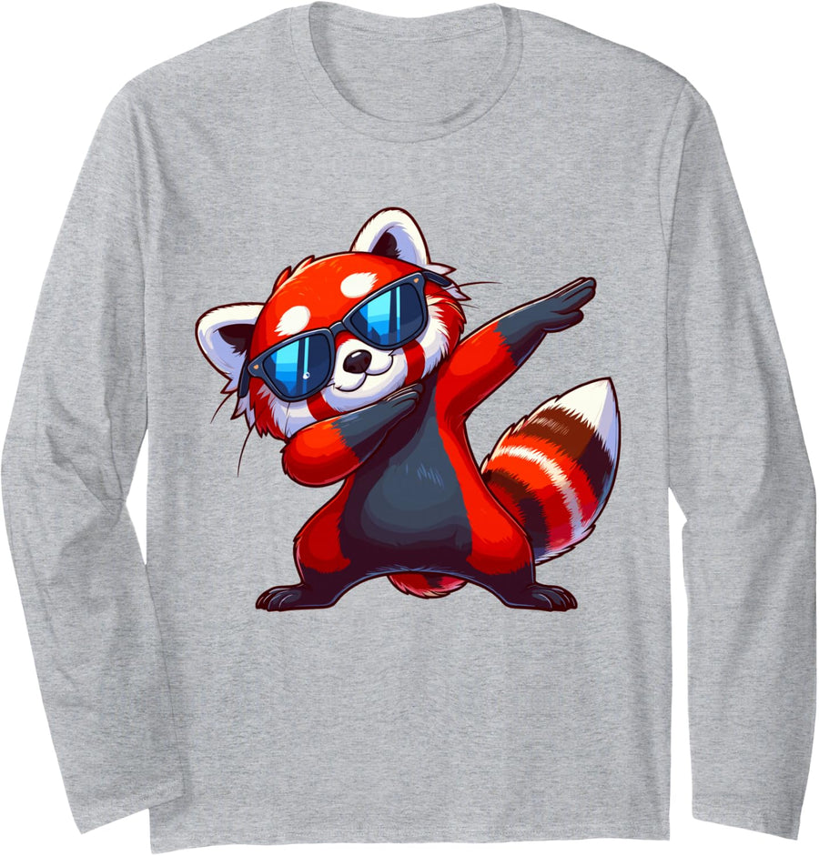 Dabbing Red Panda Long Sleeve T-Shirt - Adult Unisex Heather Grey