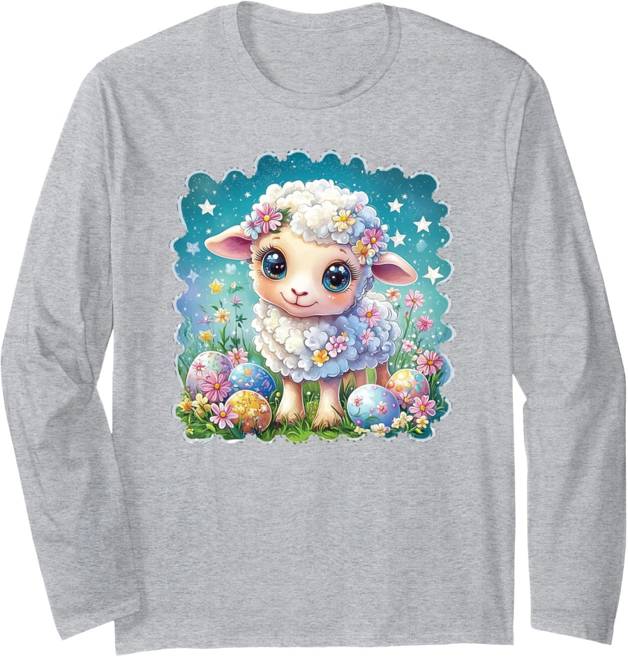 Cute Baby Sheep with Big Eyes Surrounded By Flowers & Stars Long Sleeve T-Shirt - Adult Unisex Heather Grey