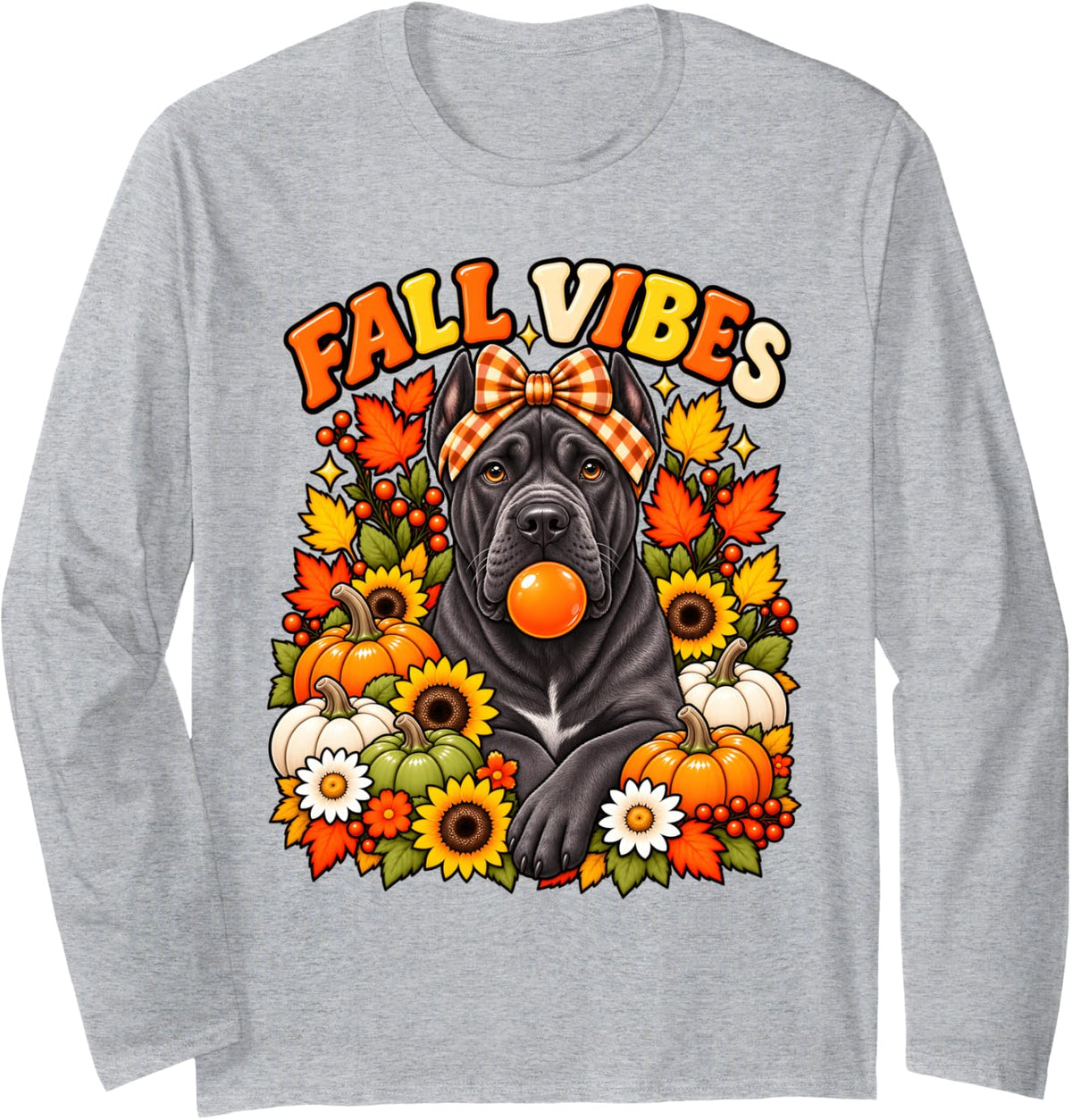 Fall Vibes Cane Corso Dog Coquette Pumpkin Autumn Season Long Sleeve T-Shirt - Adult Unisex Heather Grey