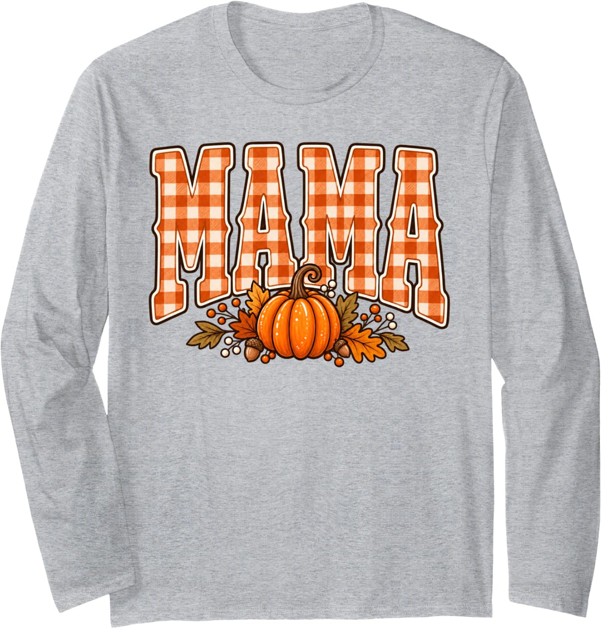 Mama Pumpkin Halloween Mom Autumn Buffalo Plaid Long Sleeve T-Shirt - Adult Unisex Heather Grey